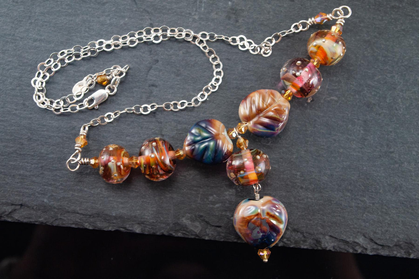 Sterling Silver and Lampwork Glass Necklace by Anna Miller - Mesmerizing Leaves