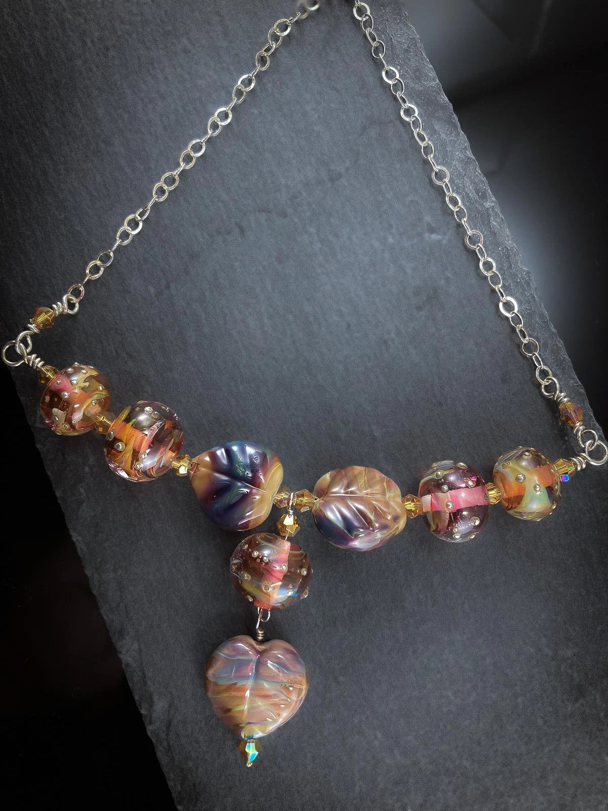 Sterling Silver and Lampwork Glass Necklace by Anna Miller - Mesmerizing Leaves