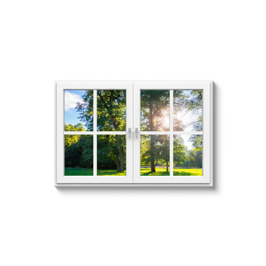 Canvas Wrap - View of Window Frame With Sun Shining Through Lush Trees in a Meadow
