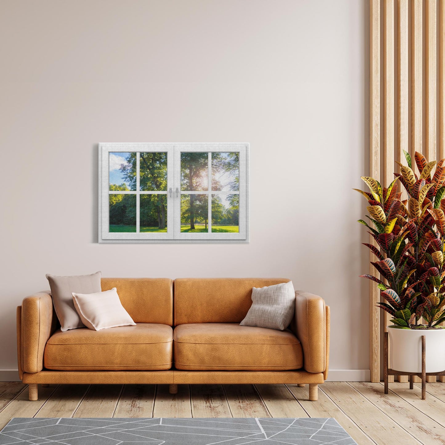 Canvas Wrap - View of Window Frame With Sun Shining Through Lush Trees in a Meadow