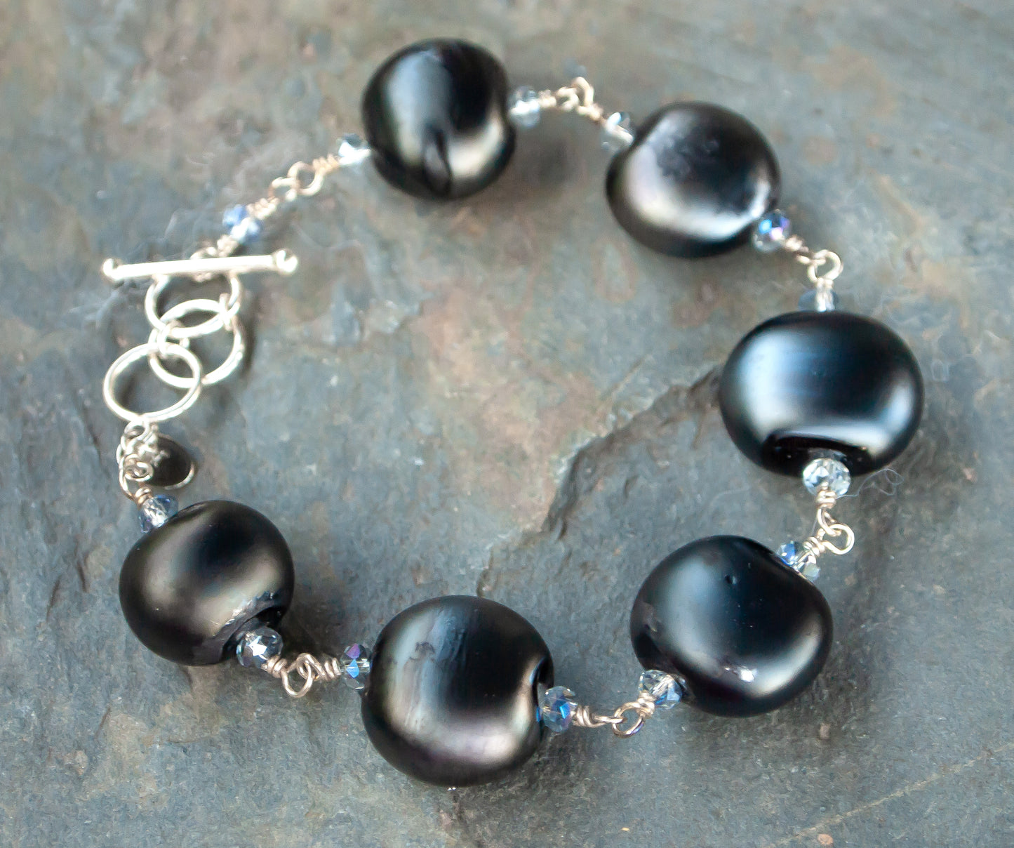 Sterling Silver and Lampwork Glass Bracelet by Anna Miller - Black Pearl