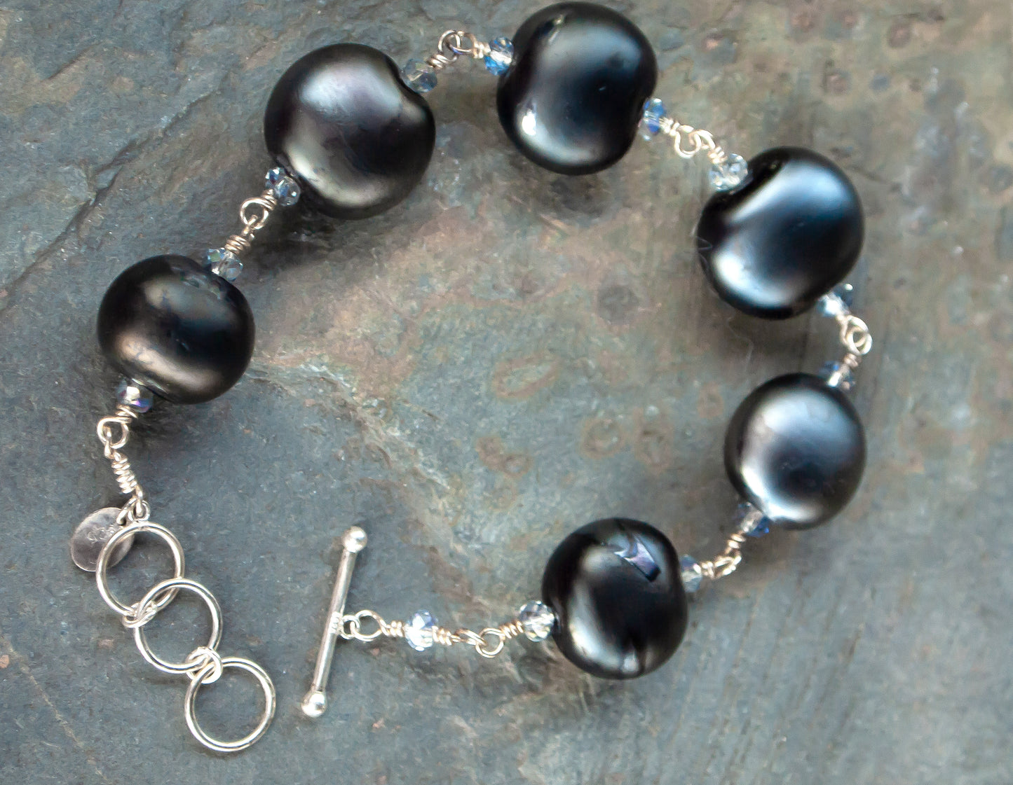 Sterling Silver and Lampwork Glass Bracelet by Anna Miller - Black Pearl