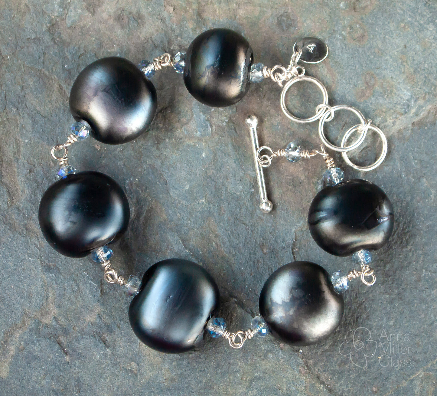 Sterling Silver and Lampwork Glass Bracelet by Anna Miller - Black Pearl