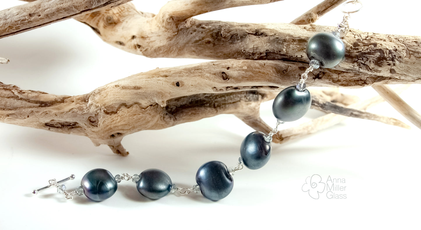 Sterling Silver and Lampwork Glass Bracelet by Anna Miller - Black Pearl