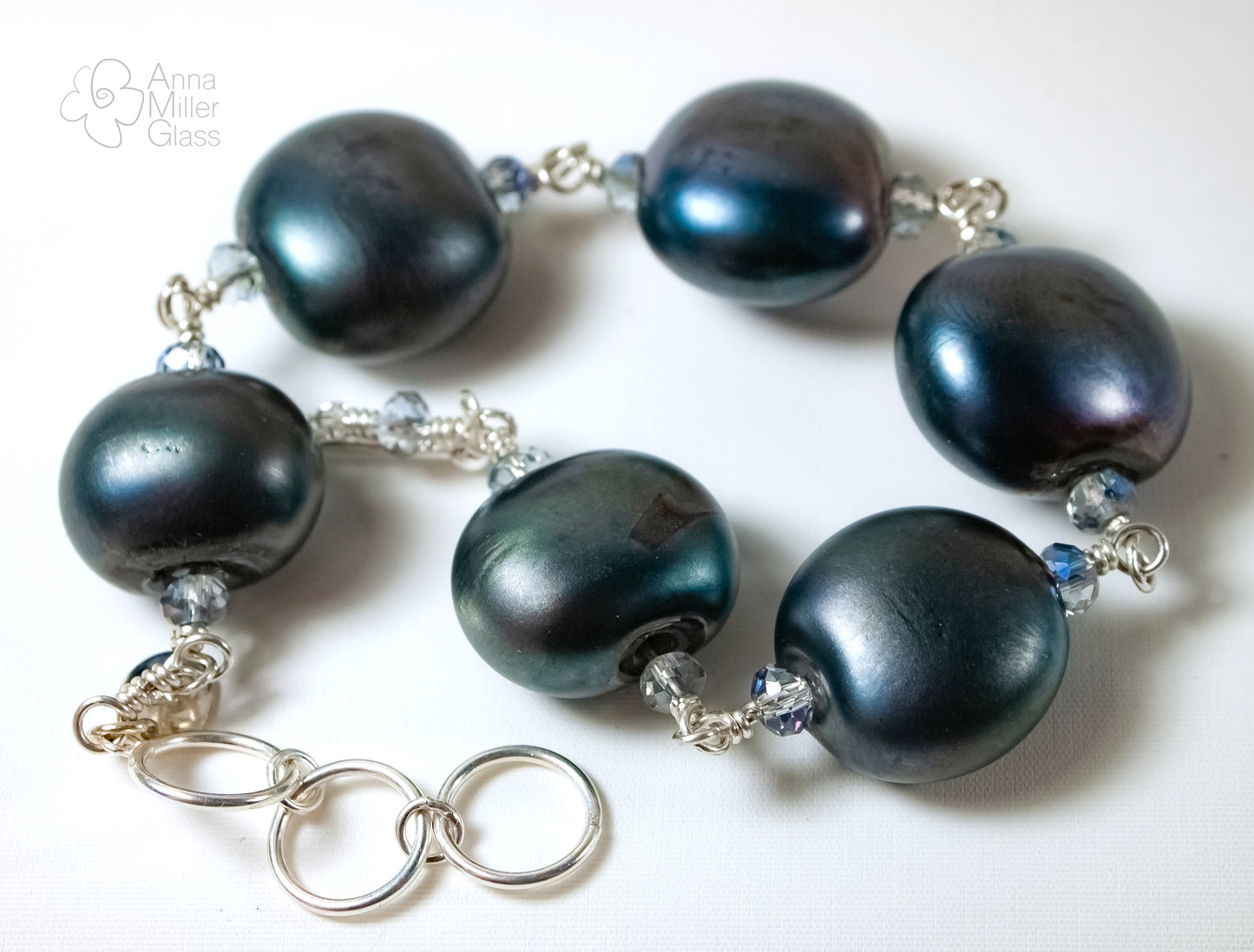 Sterling Silver and Lampwork Glass Bracelet by Anna Miller - Black Pearl