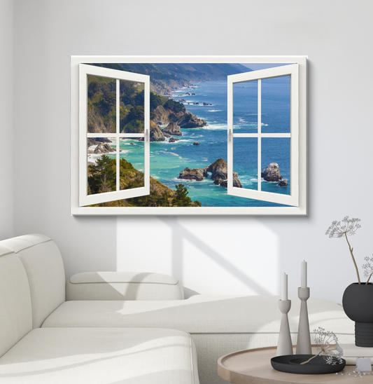 Canvas Wrap - Window Frame View with Big Sur Coastal Cliffs