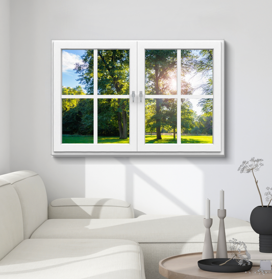 Canvas Wrap - View of Window Frame With Sun Shining Through Lush Trees in a Meadow