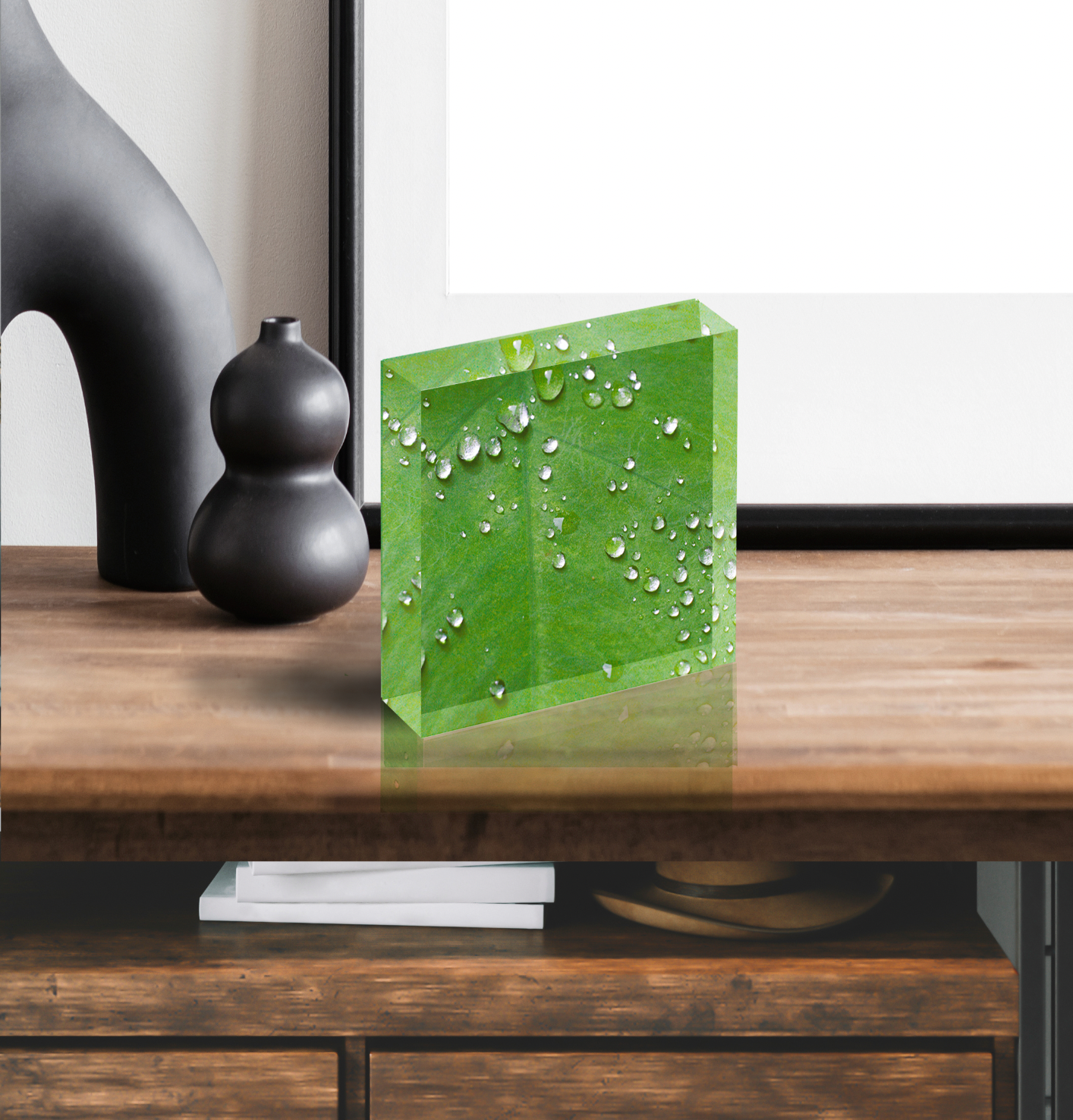 Acrylic Photo Block - Abstract Flora - Dew on Leaf Closeup