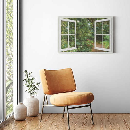 Canvas Wrap - Window Frame View with Florida Tropical Garden