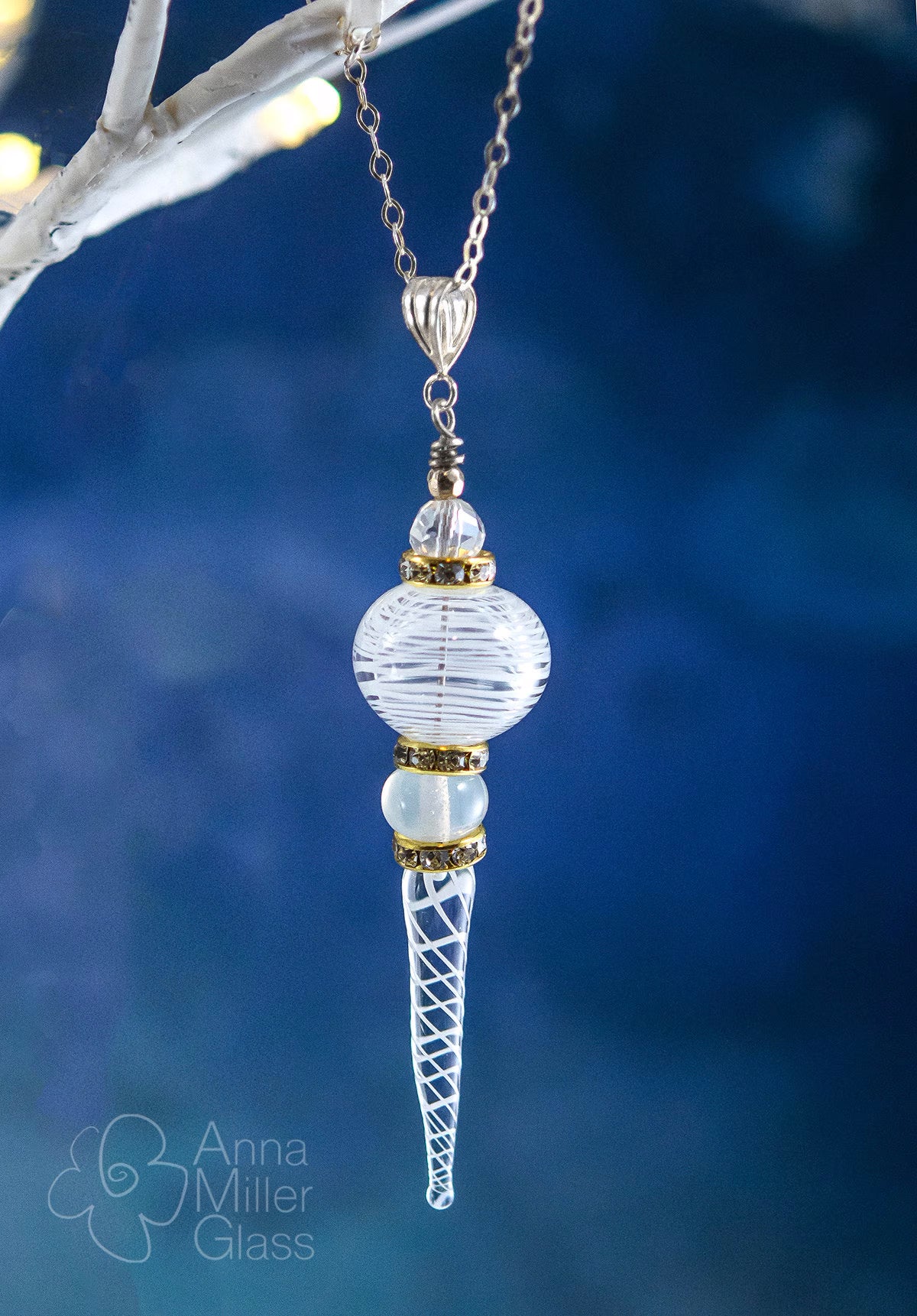 Lampwork Glass Winter White Icicle Pendant - Anna Miller Glass Art