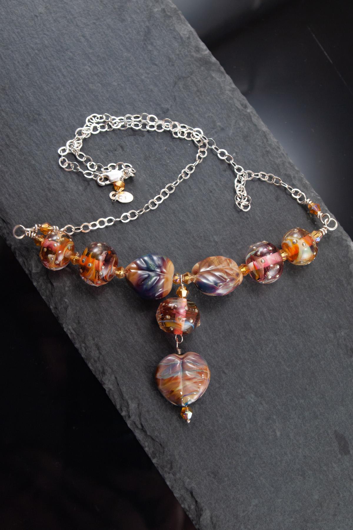 Sterling Silver and Lampwork Glass Necklace by Anna Miller - Mesmerizing Leaves