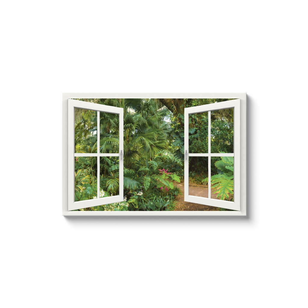 Canvas Wrap - Window Frame View with Florida Tropical Garden