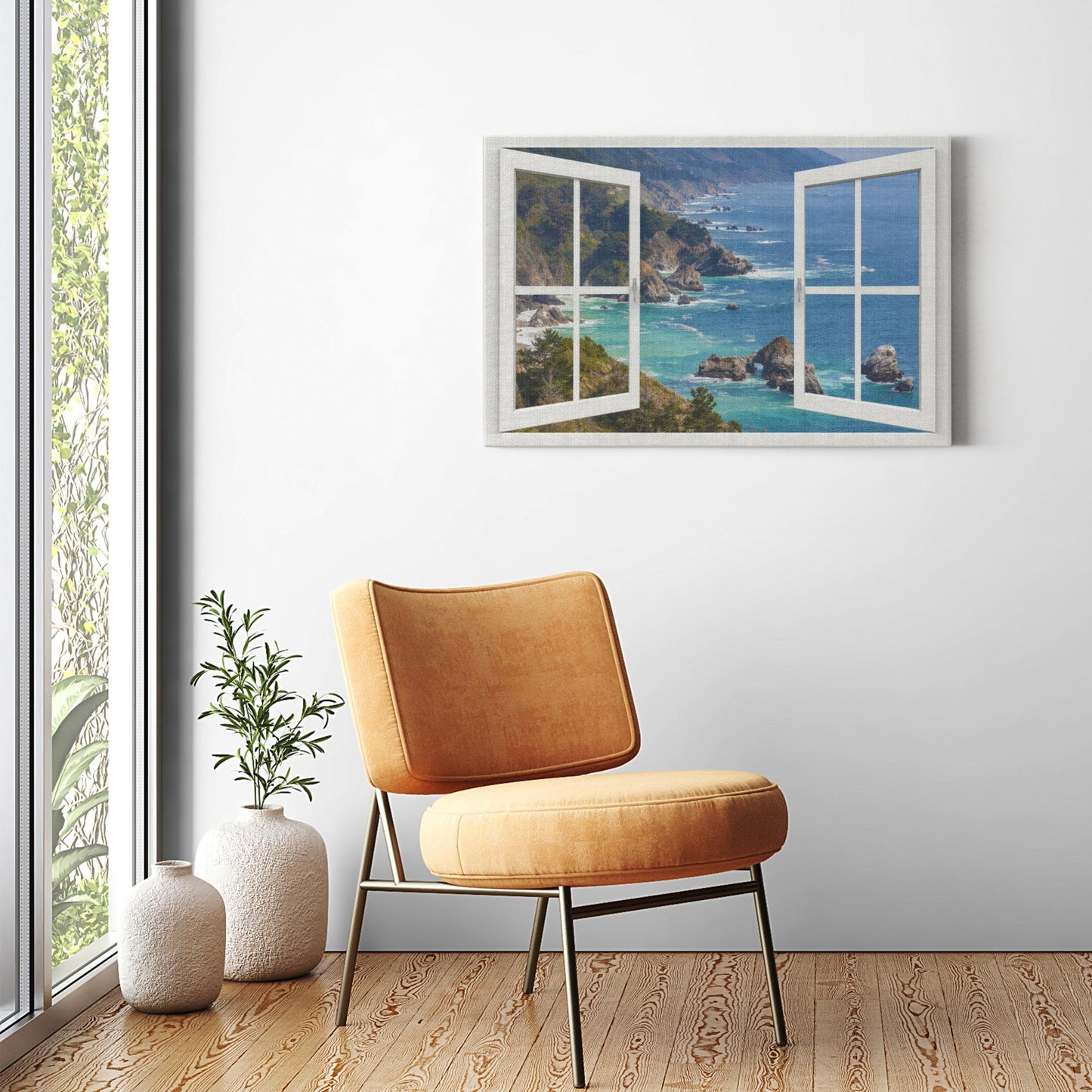 Canvas Wrap - Window Frame View with Big Sur Coastal Cliffs