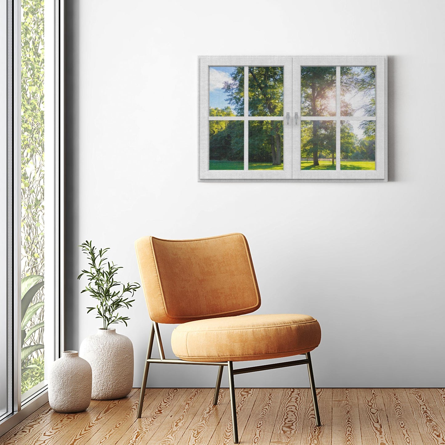 Canvas Wrap - View of Window Frame With Sun Shining Through Lush Trees in a Meadow